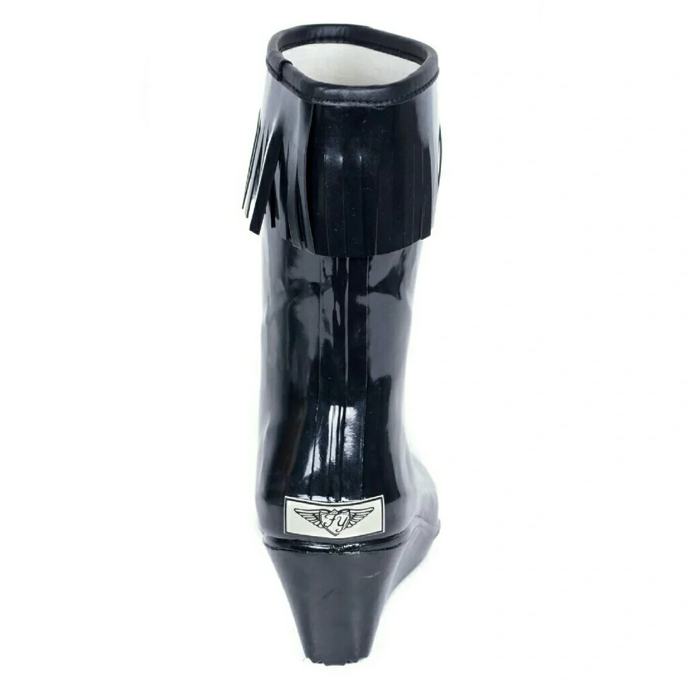 Women Rain Boots, Mid Calf Rubber Wedge Rainboots with Tassels, RB-1811, Black - Picture 4 of 4